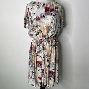 Cacharel Women's Grey Red 100% Silk Abstract Print Blouson Dress Size 8